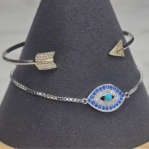 925 Sterling Silver Bracelet Set Evil Eye Bolo & Pave Arrow Cuff Bangle 8.1g